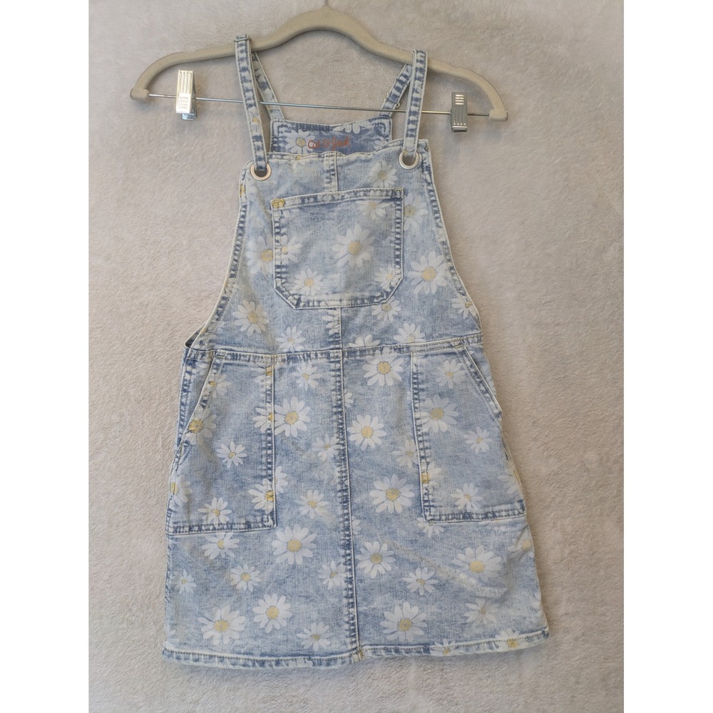 Cat‎ & Jack Overall Dress Girl's Size M (8) Blue Floral Daisy Acid Wash Denim